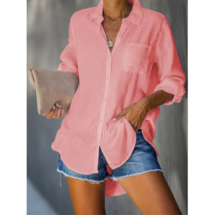 Women Shirt Solid Color Casual Loose Breasted Shirt Women Clothing