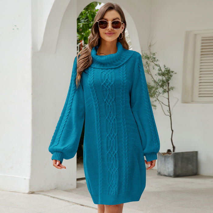 Fall Winter Sweater Dress All-Matching Loose Knitted Dress Solid Color Twisted Long Turtleneck Sweater