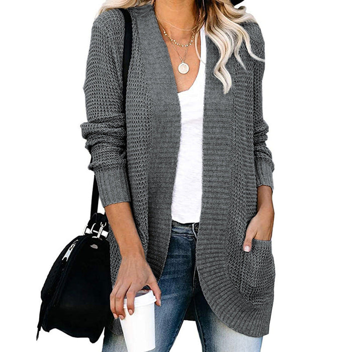 Autumn Winter Cardigan Women Clothing Curved Placket Large Pocket Sweater Open