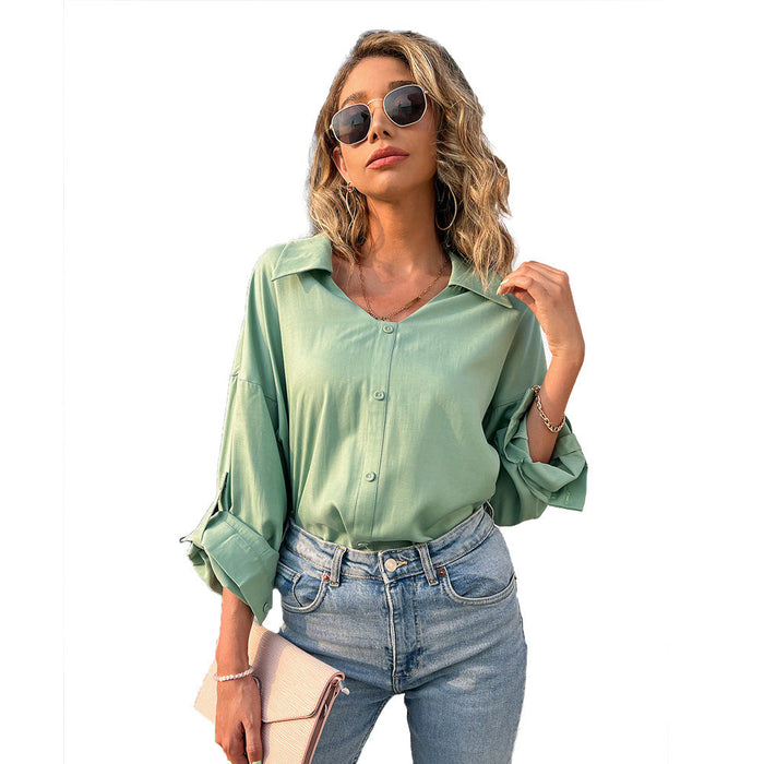 Summer Women Clothing Solid Color Long Sleeve Breasted V-neck Top Loose Shirt T-shirt Women