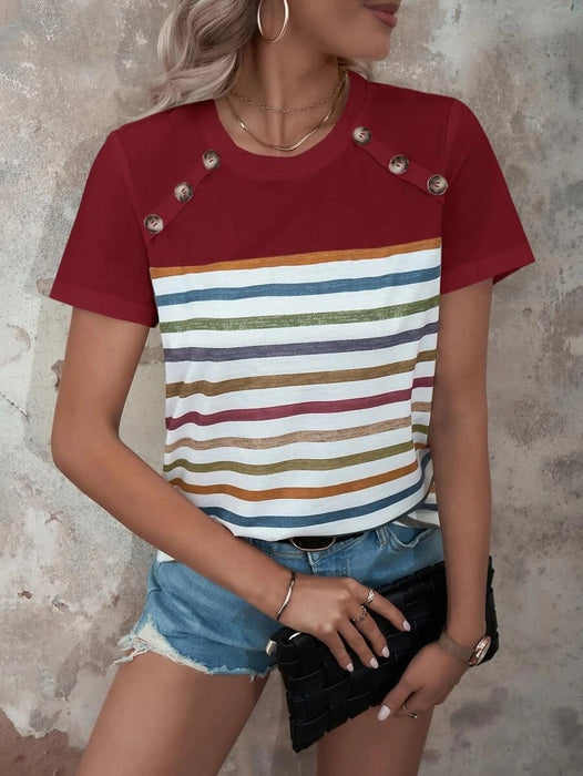 Women Clothing Summer Striped Print Stitching Button Short Sleeved Casual Top Women