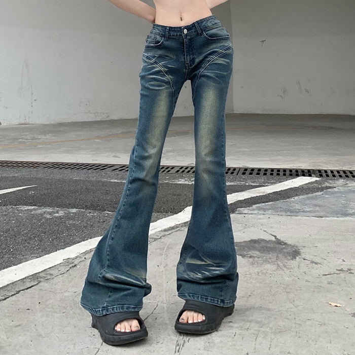 Street Design Gradient Split Stitching Bell Bottom Pants Sexy High Waist Slimming Worn Looking Washed out Jeans