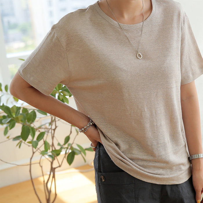 Women Cotton Linen T Shirt Summer Loose Simple Niche Imitation Linen Feel Short Sleeve Casual Basic Top