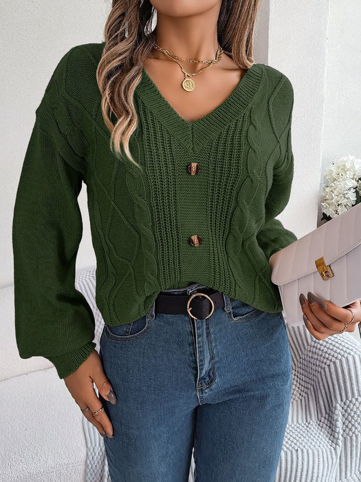 Autumn Winter Solid Color V neck Buttons Twist Lantern Sleeve Pullover Sweater Women Clothing