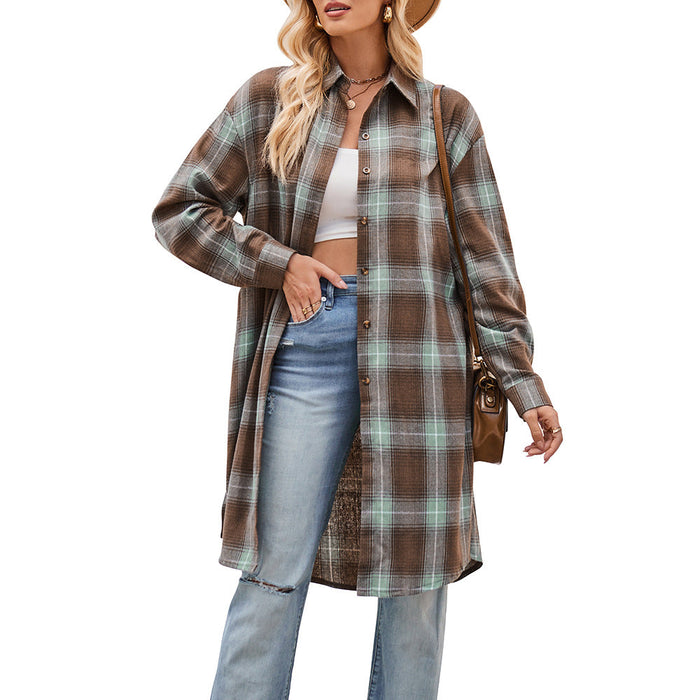 Women Autumn Winter Casual Loose Long Trench Coat Plaid Shirt