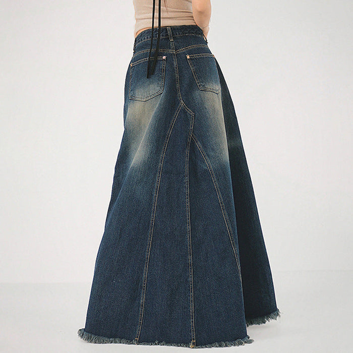 Fashionable High Waist Vertical Stripe Design Denim Skirt Retro Distressed Frayed Fishtail Skirt