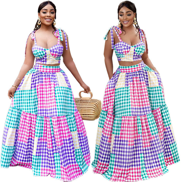 Women Clothing Summer Gradient Plaid Dress Two-Piece Set