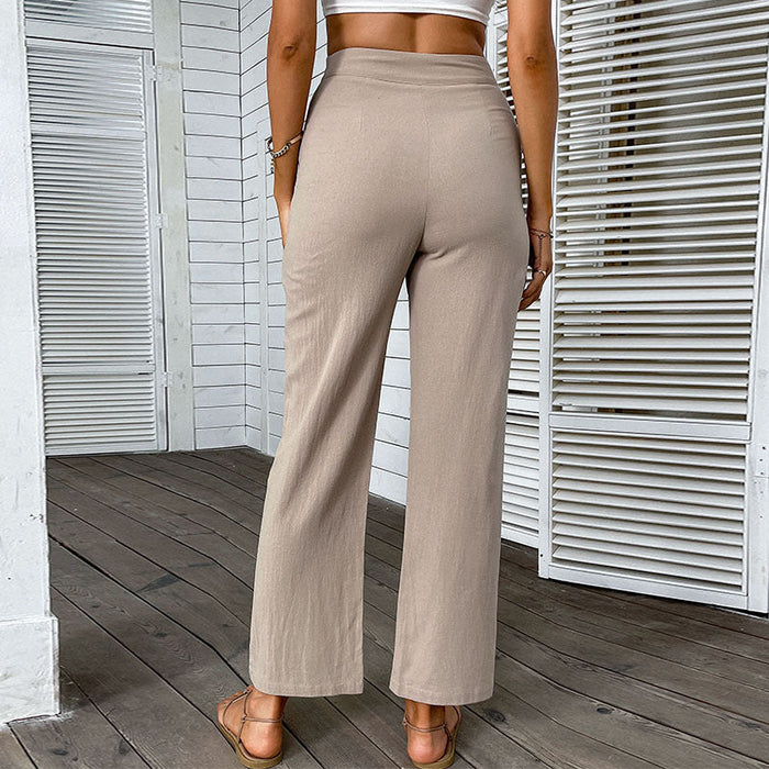 Summer Cotton Linen Trousers High Waist Solid Color Cropped Straight Pants Women