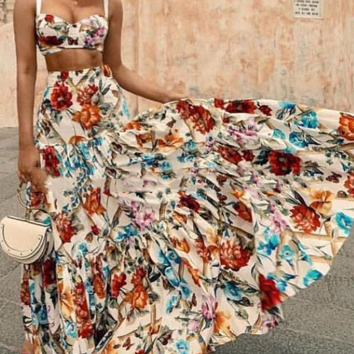 Spring Summer Women Clothing Sexy Spaghetti Strap Floral Print Skirt Set Beach Dress Two Piece Set