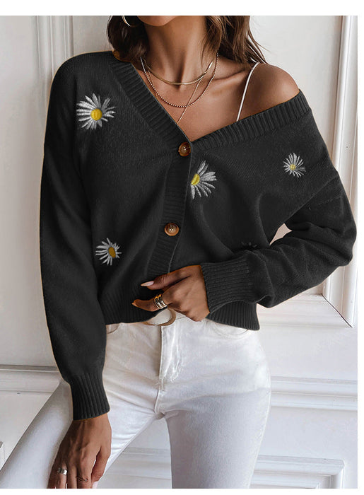 Sweet Women Clothing Small Chrysanthemum Embroidery V Neck Sweater Coat Autumn Winter Loose Knitted Cardigan