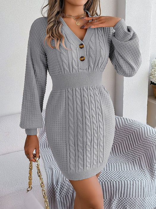 Fall Winter Button V Neck Twist Lantern Sleeve Package Hip Sweater Dress Women Clothing