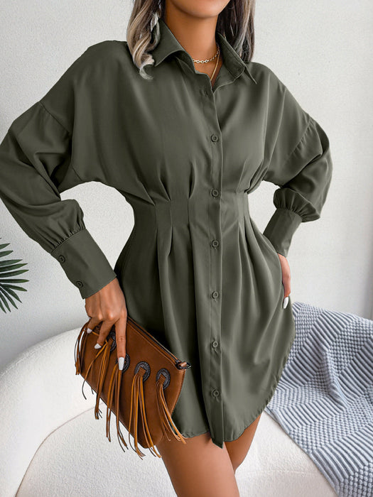 Autumn Winter Casual Lantern Sleeve Waist-Tight Asymmetric Dress Shirt Dress Women Clothing