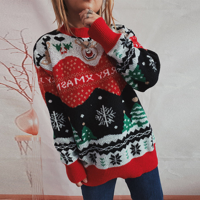 Christmas Sweater Autumn Winter Women Elk Snowflake Round Neck Long Sleeve Pullover