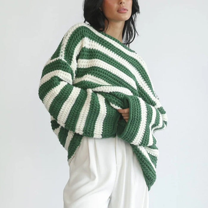 Autumn Winter Coat Loose off Shoulder Striped Long Sleeved Knitted Pullover Casual Sweater for Women