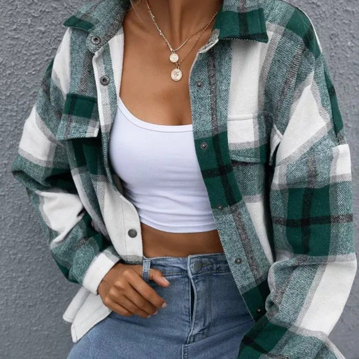 Woolen Plaid Long Sleeve Turn Down Collar Coat Thick Casual Loose Shirt