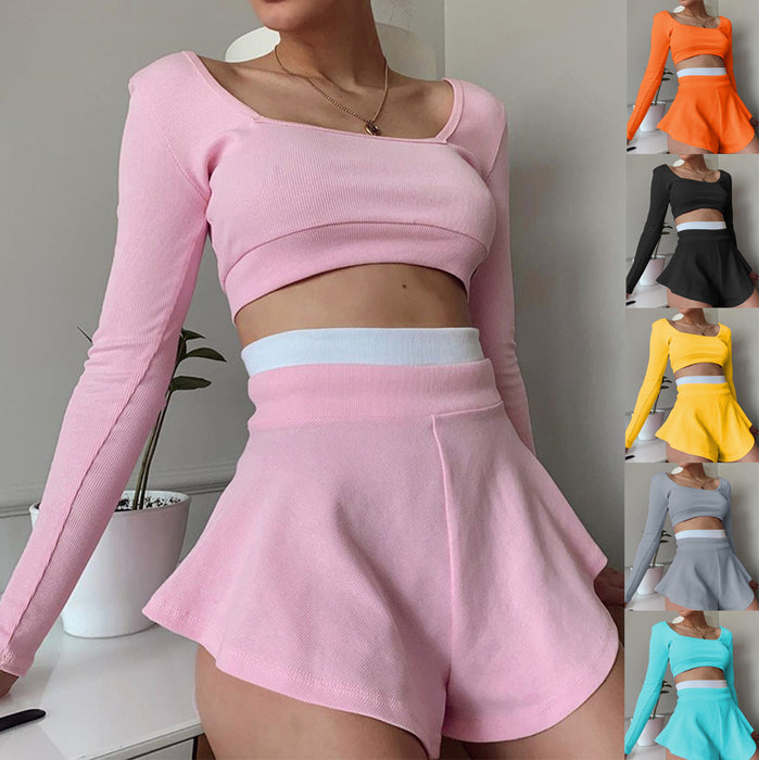 Sports Women Clothing Contrast Color Fit Top Sexy Culottes Suit