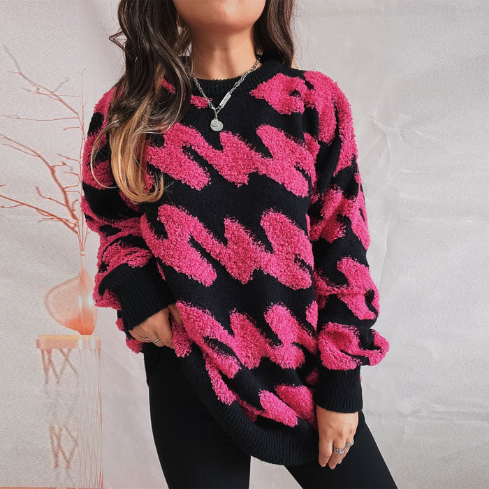 Autumn Winter Loose Thickened Wave Striped Flocking round Neck Long Sleeve Knitted Sweater Pullover