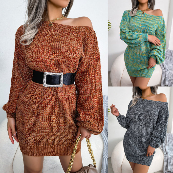 Autumn Winter Casual off-Shoulder Color Lantern Sleeves Knitted Sweater Dress Women