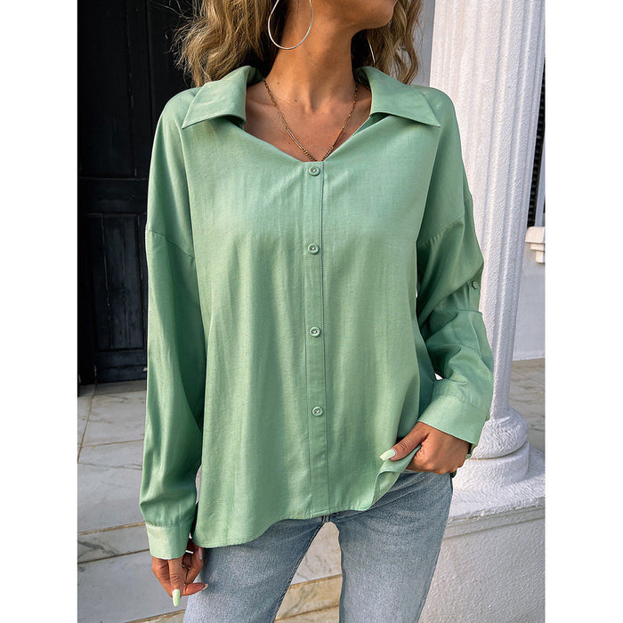 Summer Women Clothing Solid Color Long Sleeve Breasted V-neck Top Loose Shirt T-shirt Women