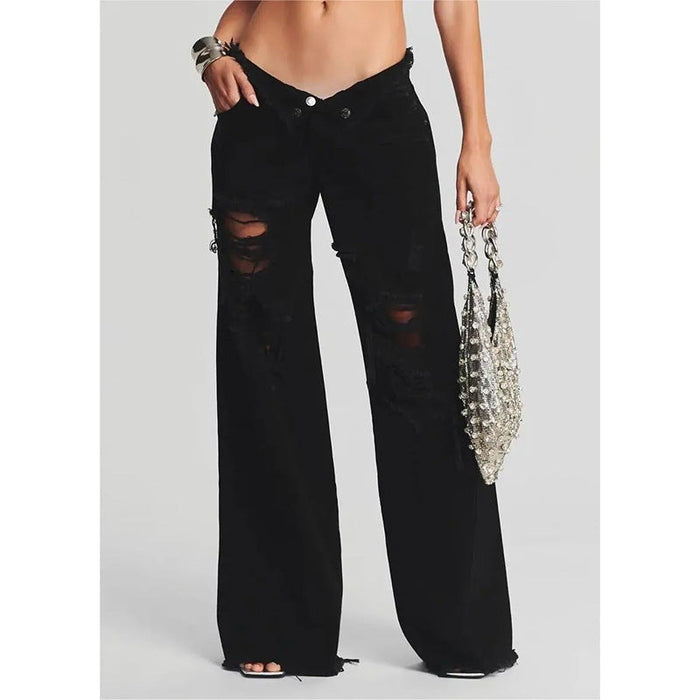 Ladies Jeans Ripped Irregular Asymmetric Side Turn Waist Wide Leg Trousers Women