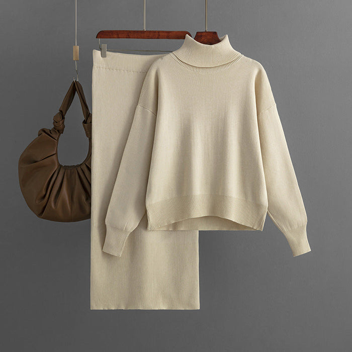 Knitting Suit Women Autumn Winter Solid Color Turtleneck Sweater Sheath Skirt Two Piece Set