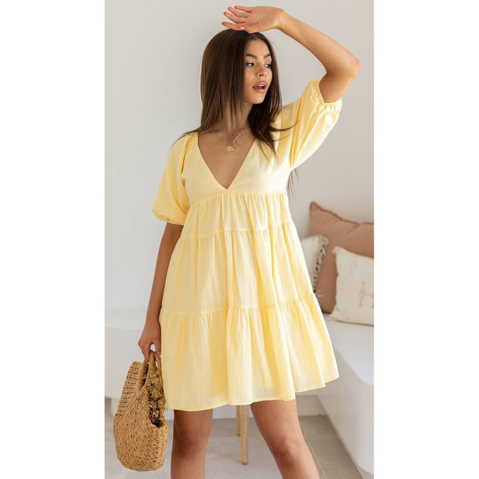 Women Clothing Spring Summer New V-neck Puff Sleeve Mini Casual Dress