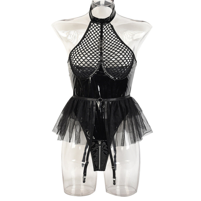 Sexy Faux Leather Patent Leather Mesh Joint Halter Underwear Mesh Tutu Skirt Swing Garter Jumpsuit Detachable