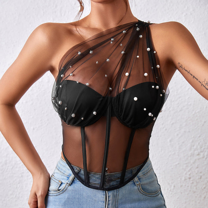 Sexy Sheer Mesh Wrapped Chest Steel Ring Boning Corset Slim Waist Rhombus Vest for Women