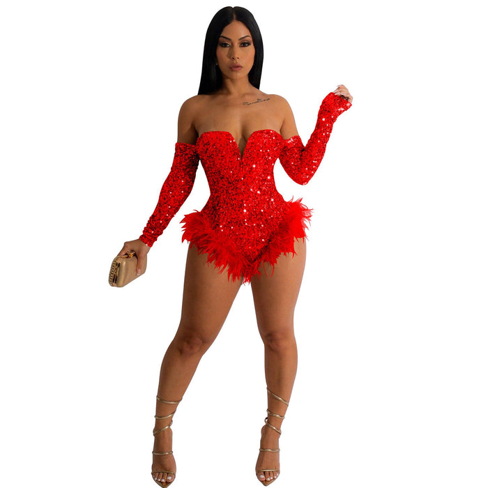 Women Wear Solid Color Sequin Long Sleeve Shorts Jumpsuit Women