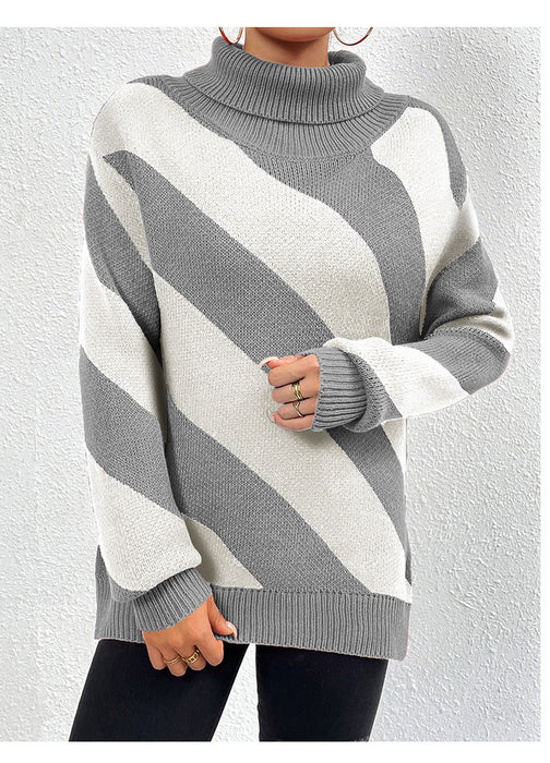 Autumn Winter Turtleneck Pullover Contrast Color Diagonal Striped Knitted Bottoming Shirt Women