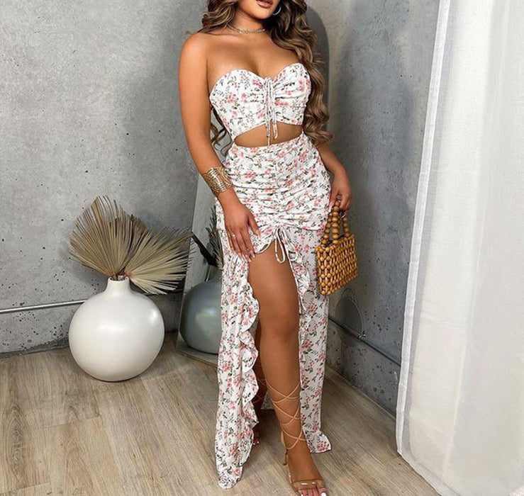 Women Clothing Printed Two-Piece Suit Sexy Pleating Ruffled Dress