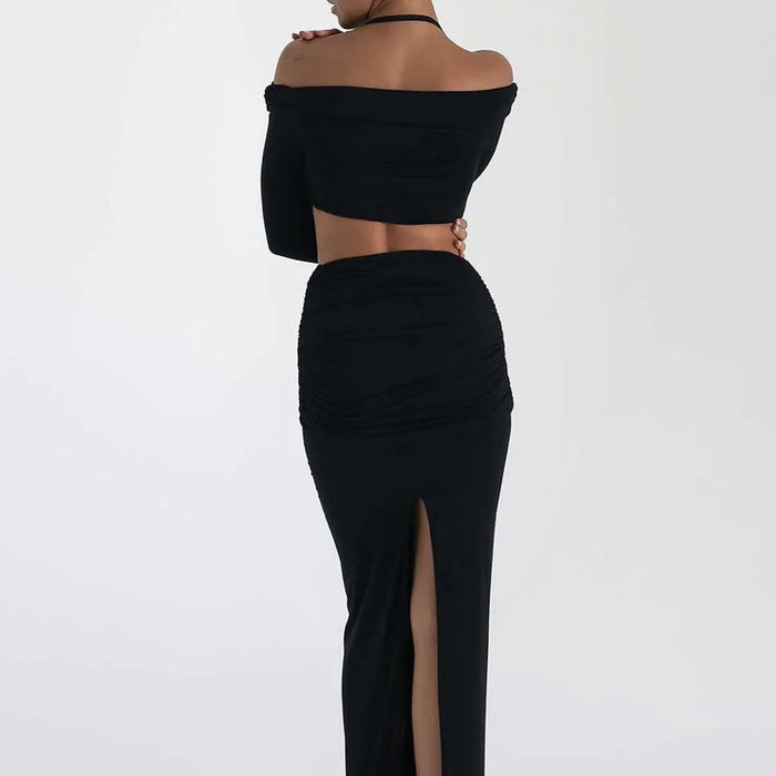 Autumn Winter Women Clothing two piece set off Shoulder Halter Twisted cropped Long Sleeve Long Skirt Set