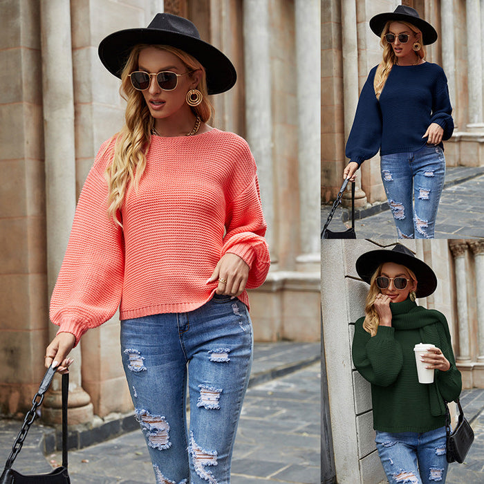 Loose Autumn Winter Sweater Idle Solid Color round Neck Pullover Scarf Knitwear Sweater for Women