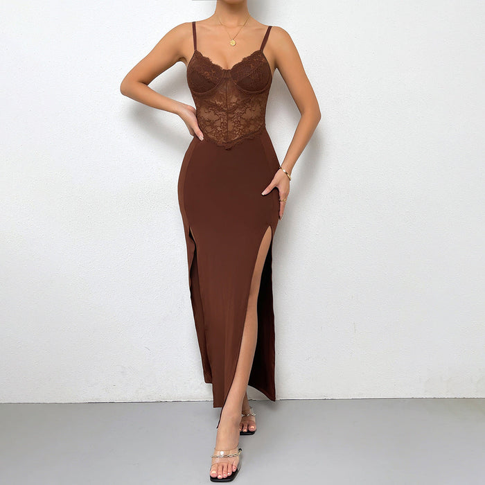 Low Cut Sexy Stitching High Waist Bottoming Dress Split Strap Dress Women