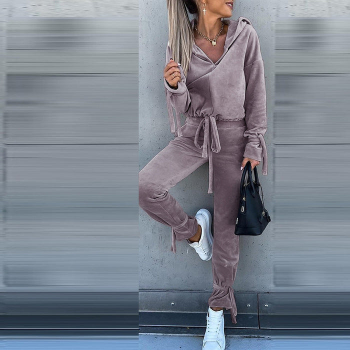 Autumn Winter Women Clothing Loose Pleuche Long Sleeve Hooded Sweater Trousers Set