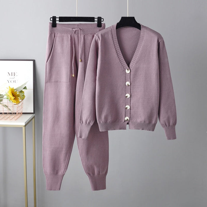 Autumn Winter V neck Cardigan Sweater Harem Pants Suit Solid Color Cardigan Two Piece Sweater