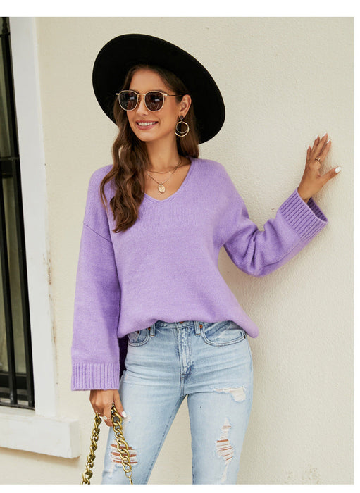 Women Clothing Long Sleeve V Neck Sweater Casual Loose Fitting Women Sweater