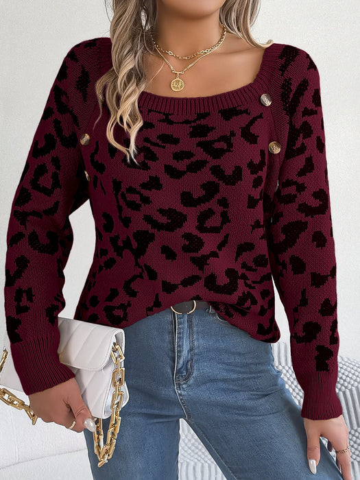 Autumn Winter Casual Square Collar Button Contrast Color Leopard Print Long Sleeve Sweater Women Clothing