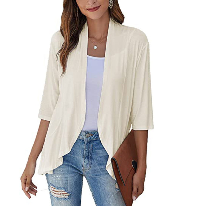 Women Clothing Autumn Solid Color Cardigan  3/4 Sleeve Ruffle Top