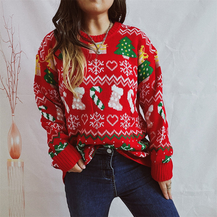 Christmas Sweater Christmas Stockings Snowflake Sweater Loose Round Neck Long Sleeve Sweater Women