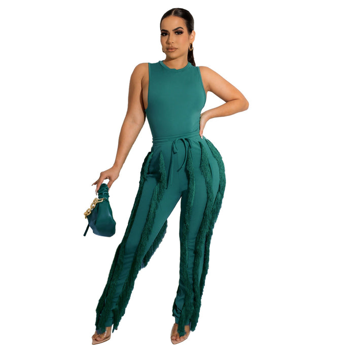 Women Clothing Two Piece Set Tassel Trousers Sleeveless Casual Suit Lace Summer Sexy