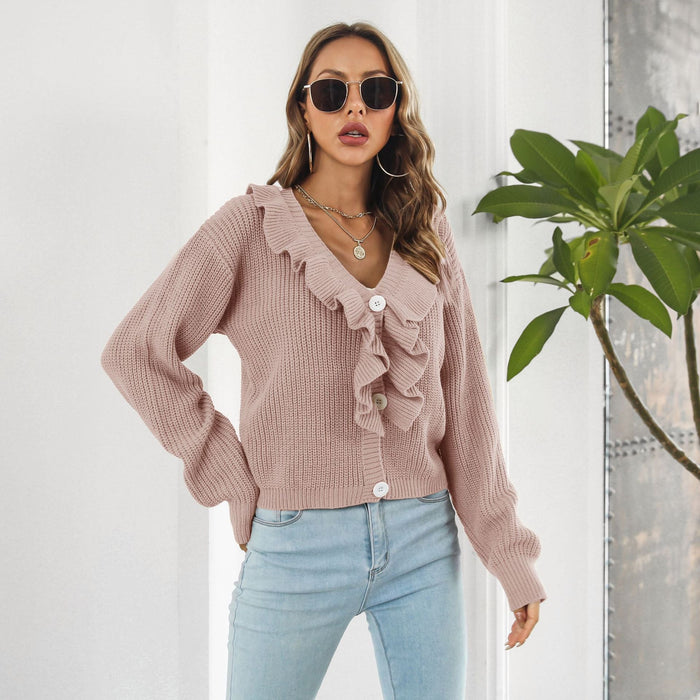 Women Ruffled Sweater Loose Knitted Cardigan Short Coat Long Sleeve Autumn Winter Women Sweater