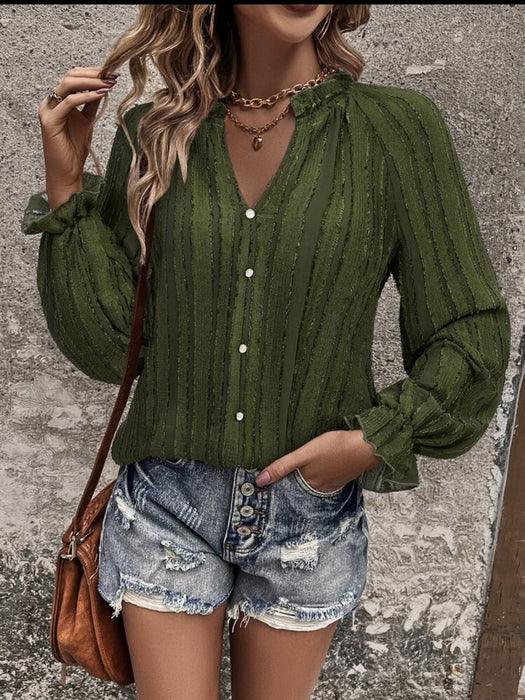 Women Shirt Half Open Collar Ruffle Sleeve Chiffon Striped Elegant Top Women