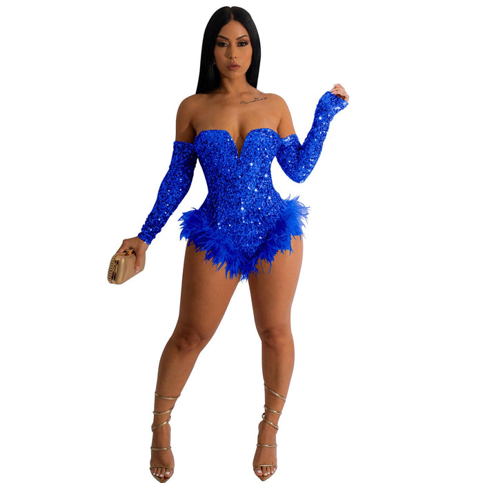 Women Wear Solid Color Sequin Long Sleeve Shorts Jumpsuit Women