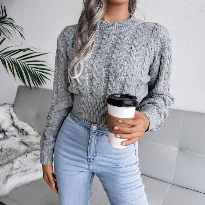 Autumn Winter Twist Waist Trimming Knitted Cropped Sweater Women Clothing