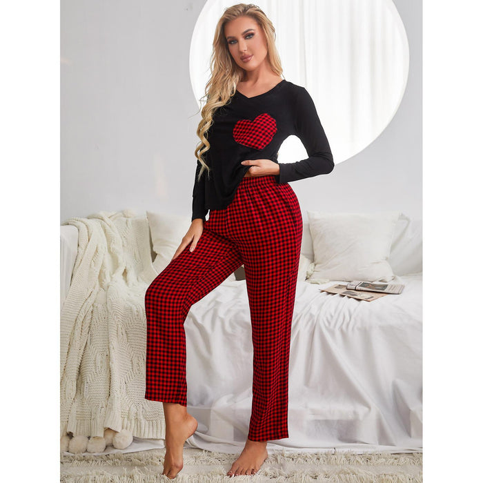 Pajamas Women Autumn Winter Christmas Plaid Love Long Sleeve Homewear Set