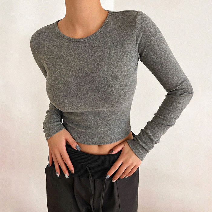 Women Clothing Winter Solid Color Round Neck Long Sleeve Basic T Shirt Top