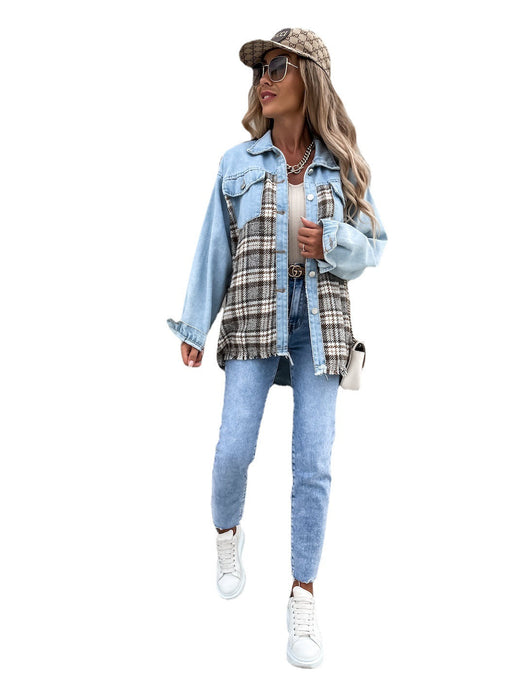 Autumn Winter Denim Stitching Plaid Coat Loose Top for Women