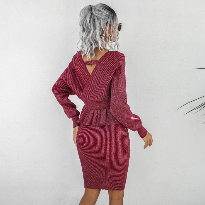 Women Clothing Autumn Winter Casual Ruffled Knitted Sweater Dress Two Piece Set