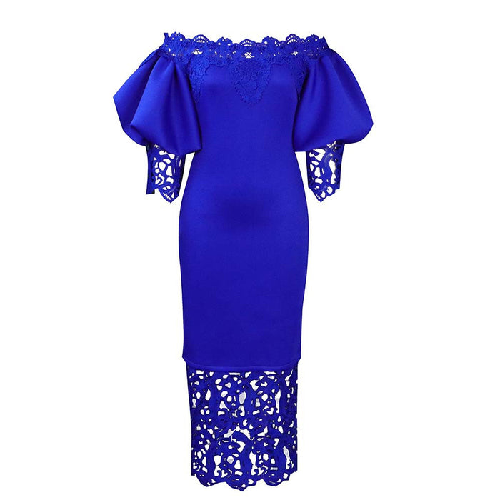 Women Clothes Elegant Lace Stitching Off Neck Dress